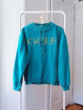 Vtg 90s Line-Up For Sport gold embroidery Golf turquoise mock neck sweatshirt